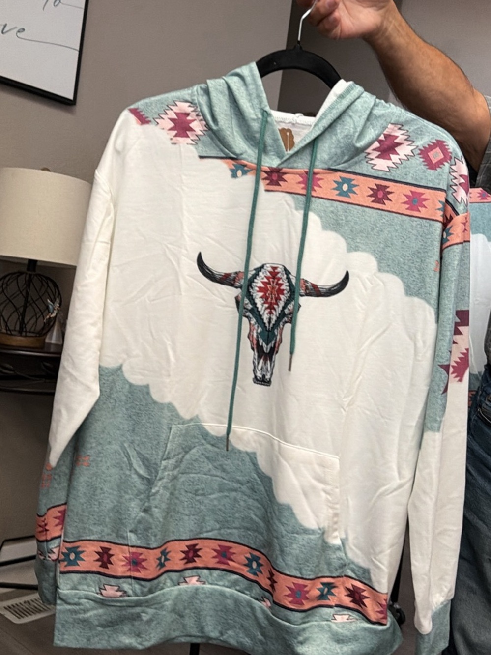 Southwestern Bull Skull Hoodie in Teal and Coral